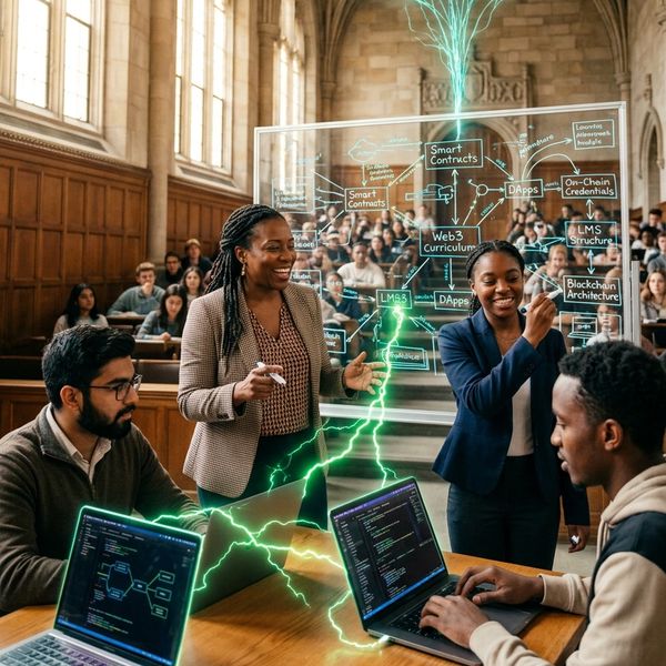 Diverse group collaborates on blockchain and Web3 tech in a university lecture hall.