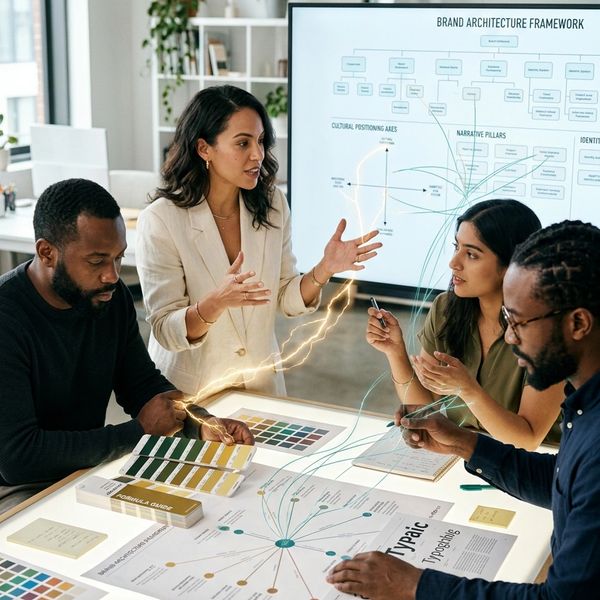 Team collaborating on brand architecture with charts and color palettes.