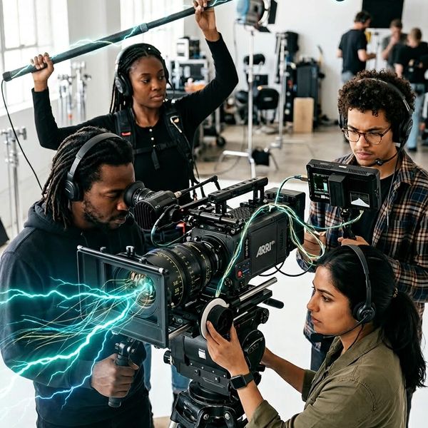 Film crew operating professional camera equipment on set.