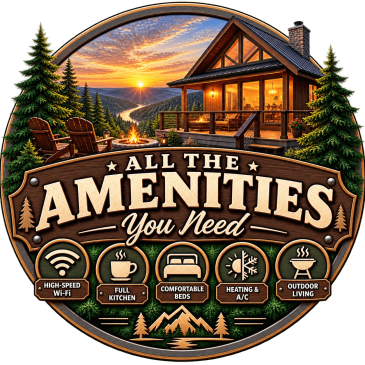 A cabin with various amenities and scenic view.
