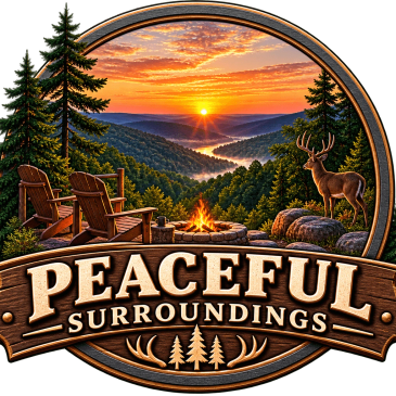 Scenic mountain sunset with chairs, campfire, and deer.