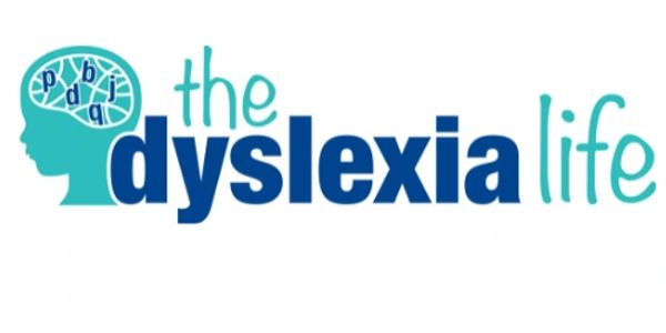 Logo for The Dyslexia Life with a brain illustration inside a head silhouette.