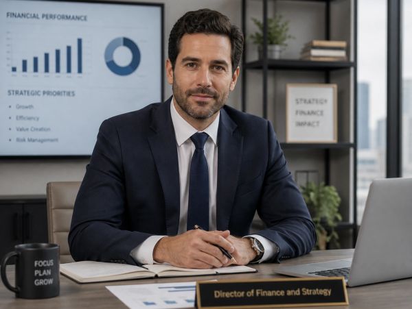 Confident finance director in suit at office desk with charts and laptop.