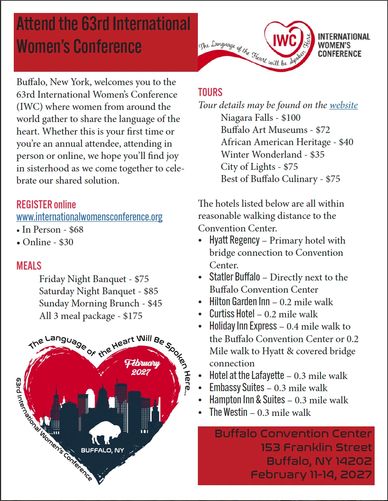 Flyer for the 63rd Annual International Women's Conference held in Buffalo, NY for 2027