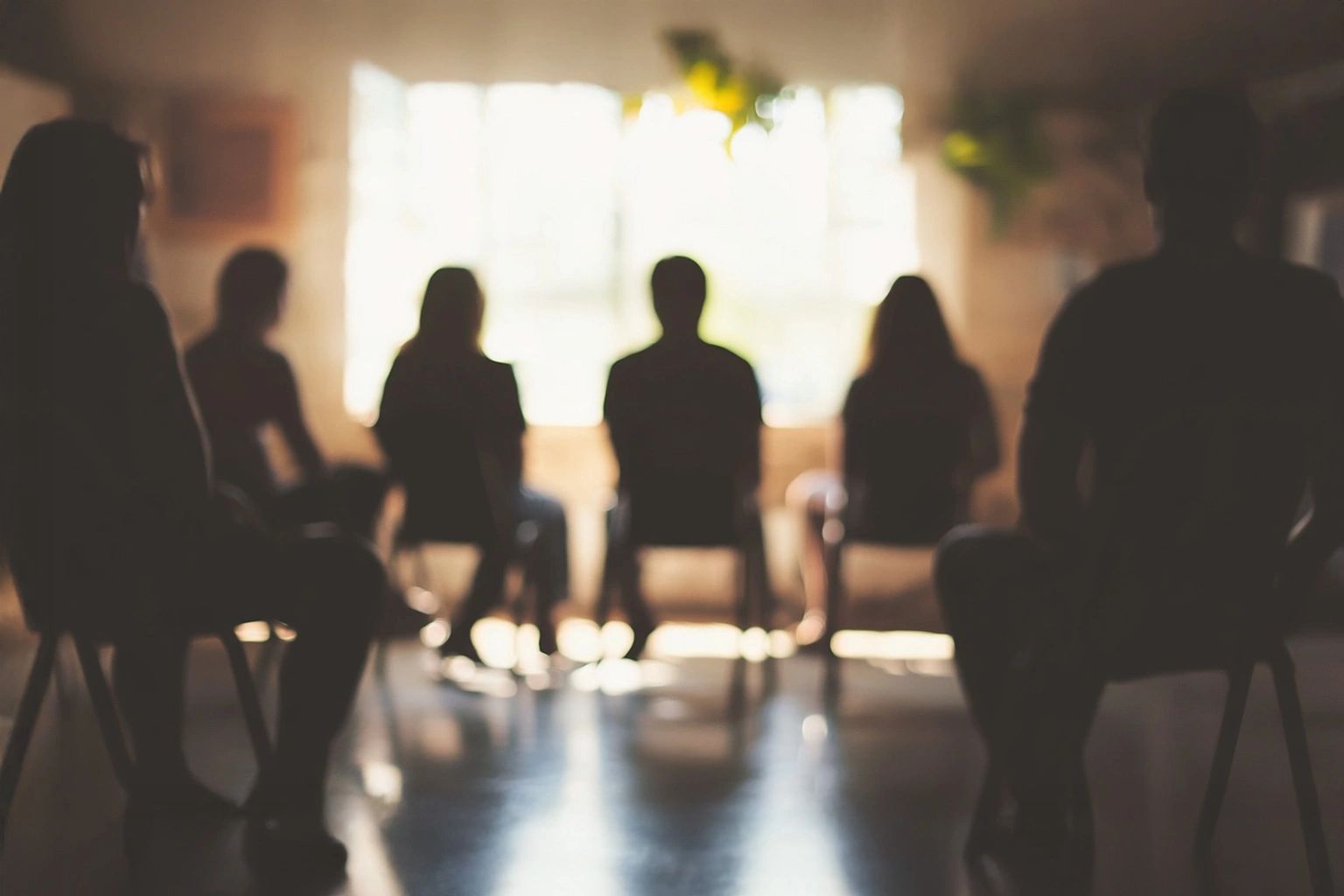 Silhouettes of people sitting in a circle by a bright window.