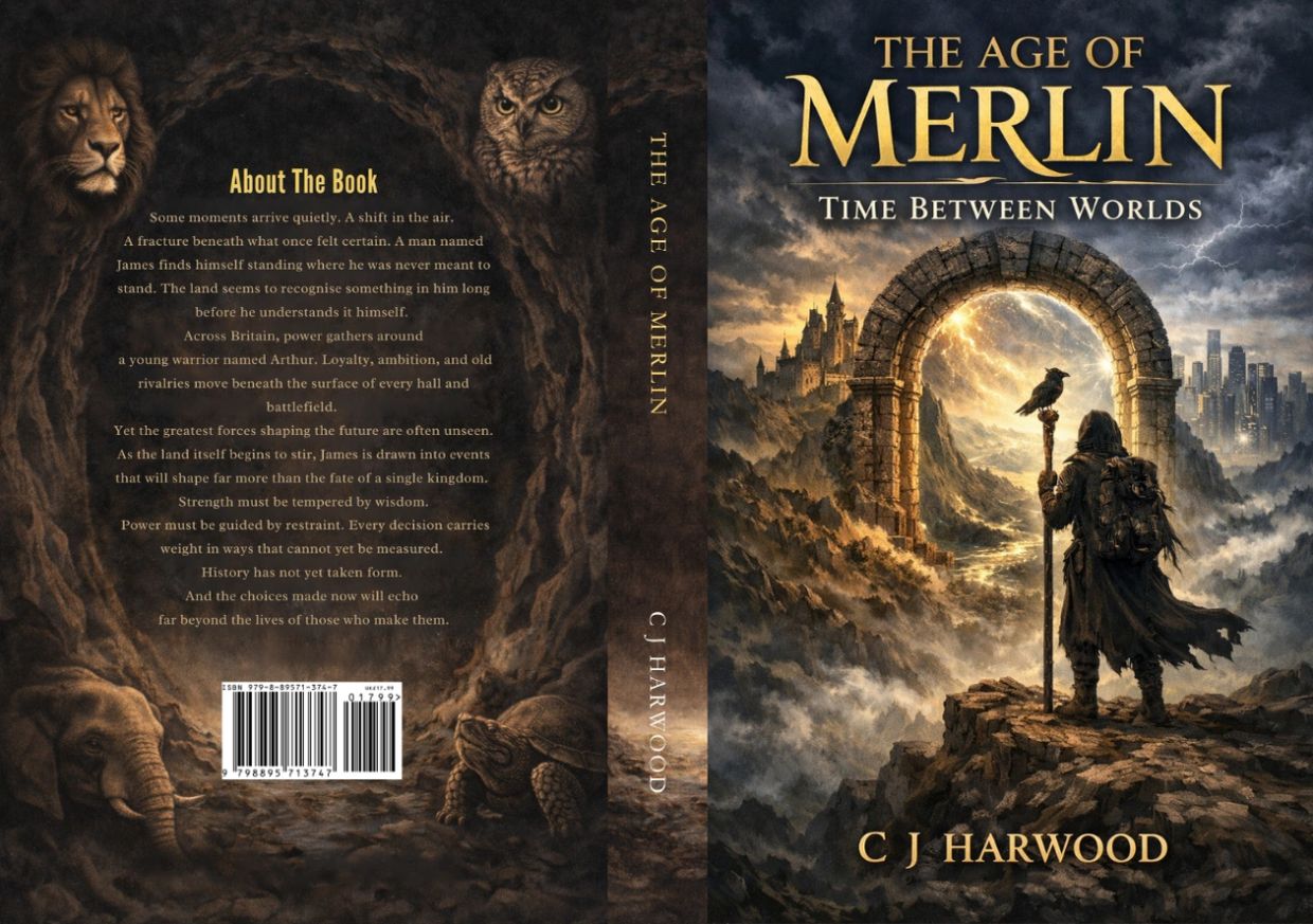 A mystical book cover showing a cloaked figure under a magical archway between ancient and modern worlds.
