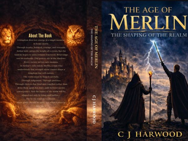 Book cover of 'The Age of Merlin' by C.J. Harwood with a mystical castle and lightning.