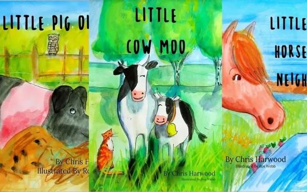 Colorful illustrated covers of children's books featuring farm animals.
