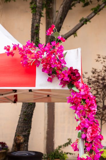 Bright pink flowers draped over a white and red canopy frame.