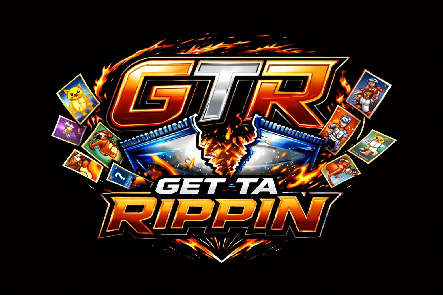 Logo of GTR Get Ta Rippin with fiery design and character cards.