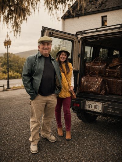 Couple standing by vehicle packed with luggage.