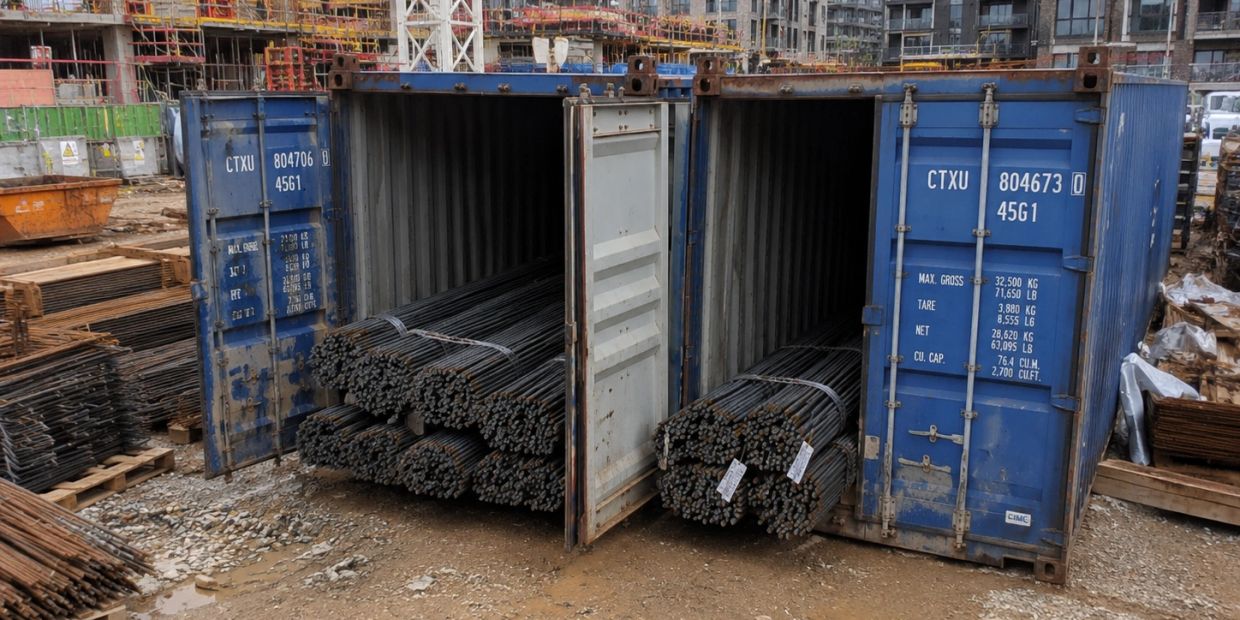 Steel rods stored inside blue shipping containers at a construction site.