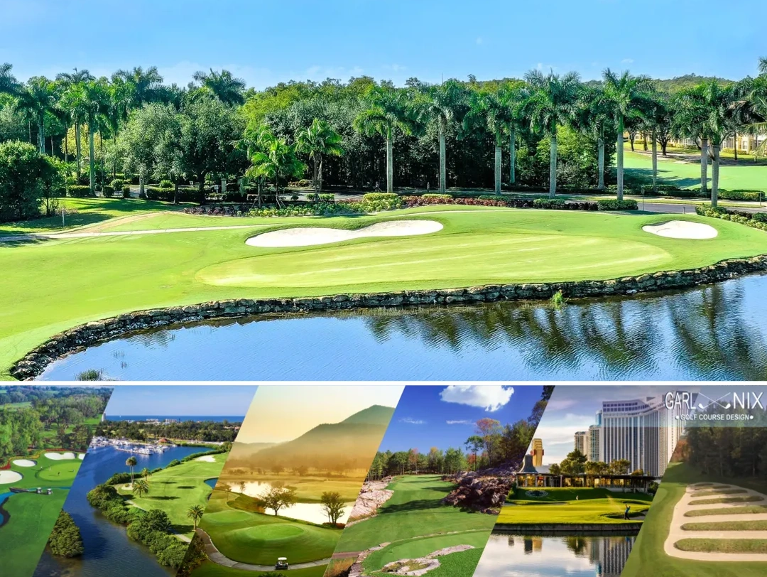 A scenic golf course with palm trees and water hazards.