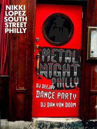 Red door with posters for a Metal Night dance party in Philly.