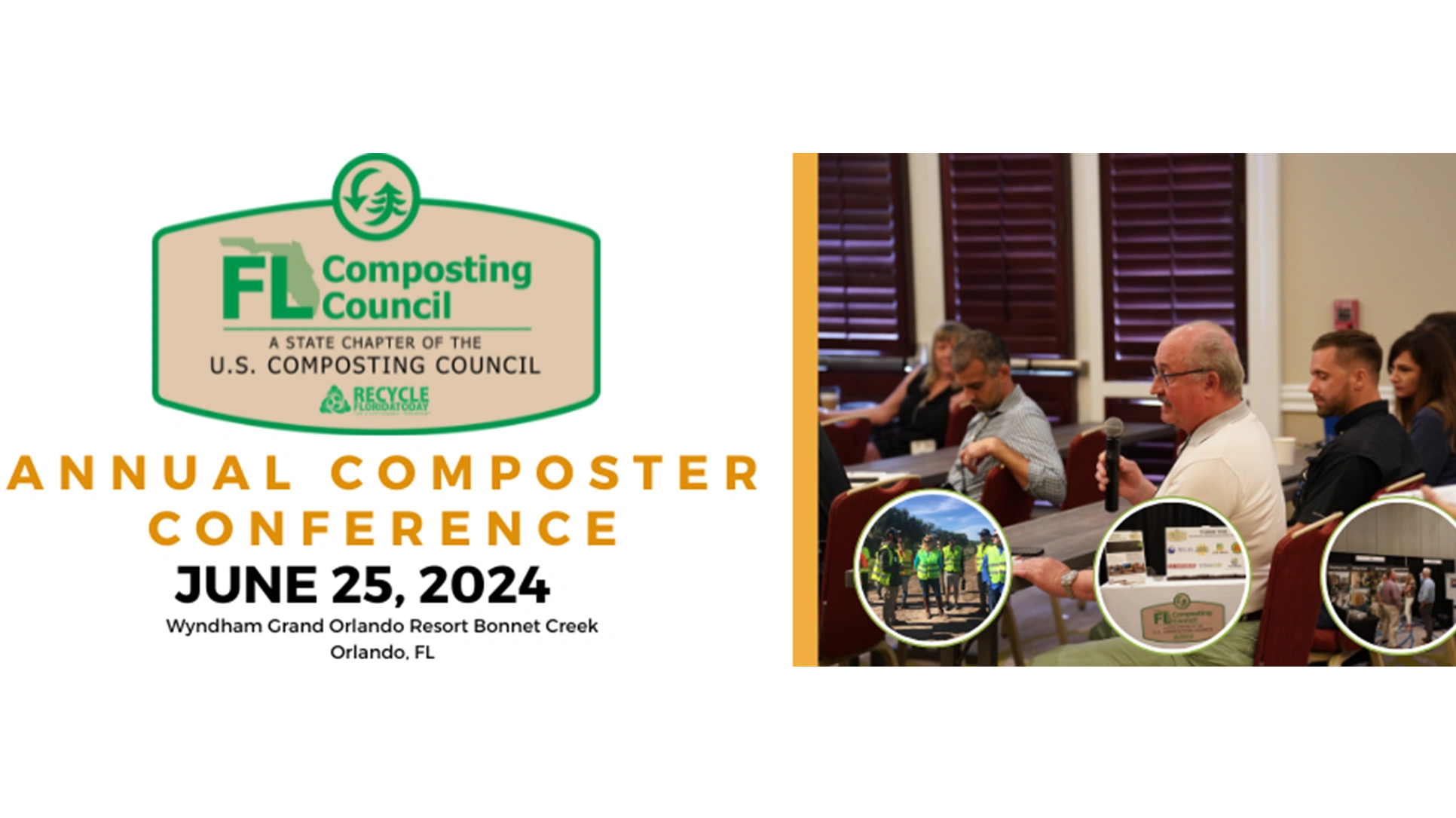 2024 annual composter conference in gold words.  An image of people sitting in a conference setting.