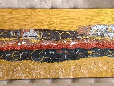 Abstract textured painting with gold, red, and black horizontal bands.