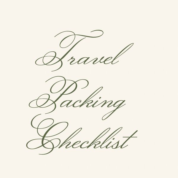 Elegant script reading Travel Packing Checklist on a beige background.