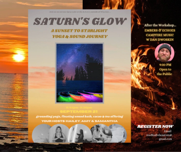Invitation flyer for 'Saturn's Glow' yoga and sound journey event.