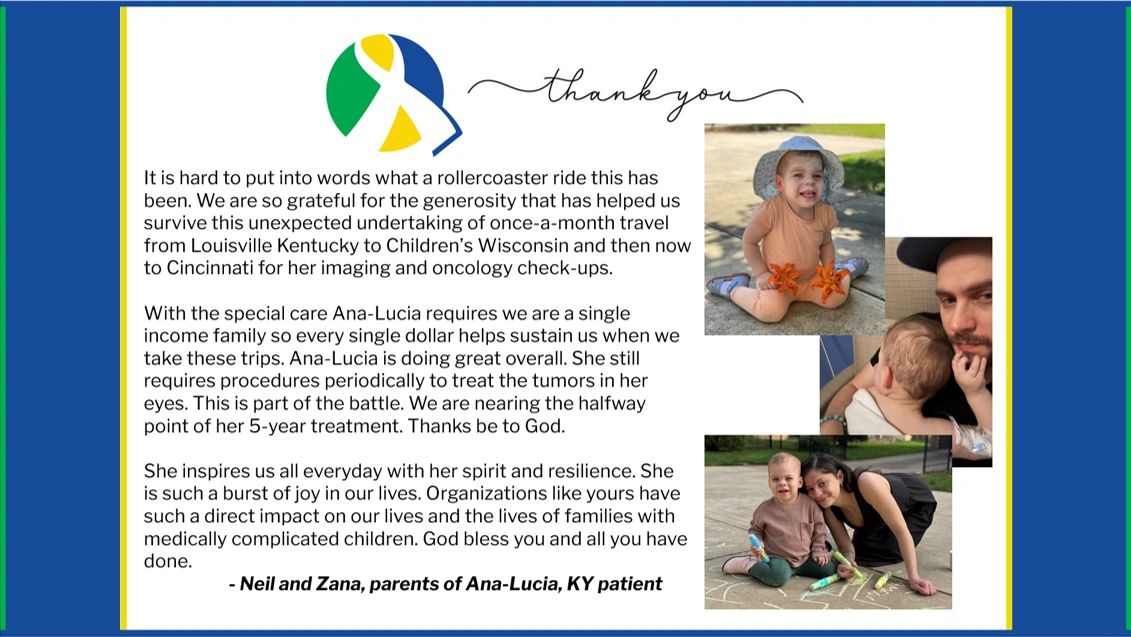 Thank you note from parents of Ana-Lucia, a child undergoing cancer treatment, expressing gratitude for support.