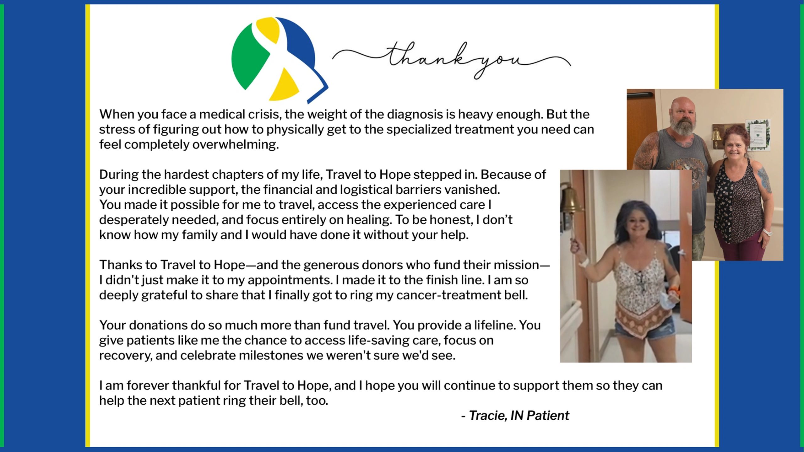 Thank you message for Travel to Hope support with cancer treatment bell ringing.