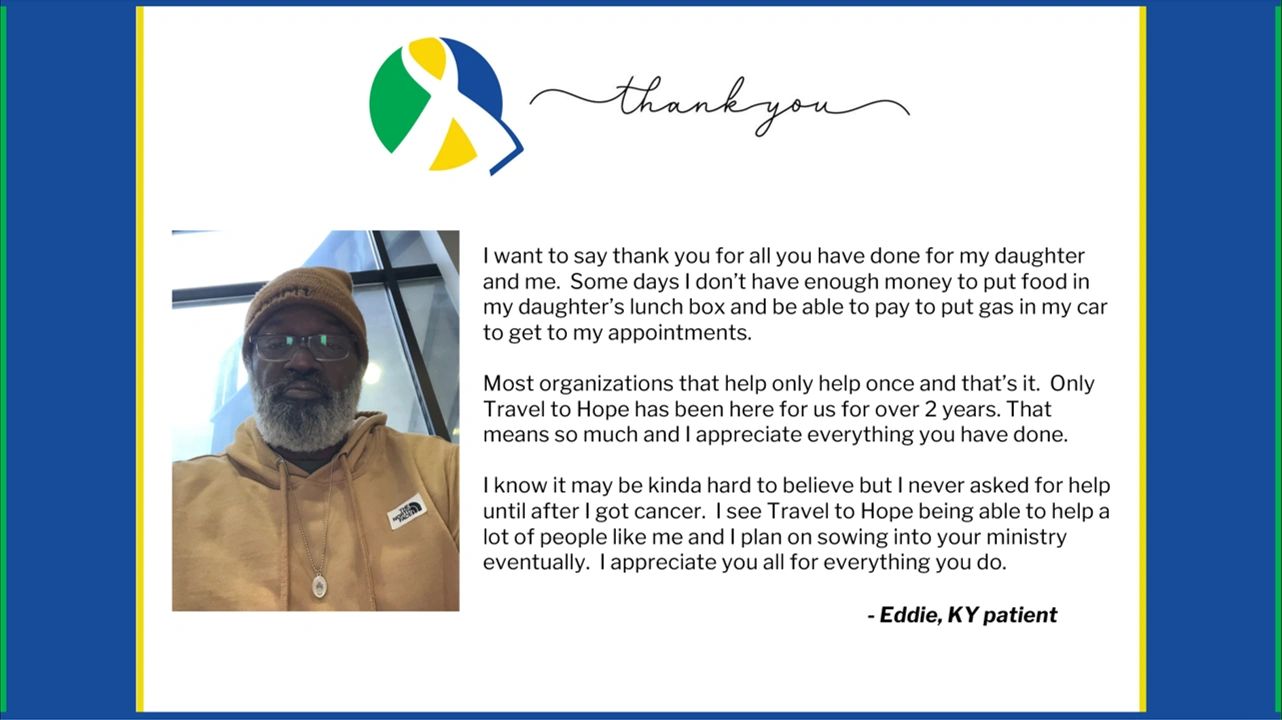 A thank you message from Eddie, a KY patient, expressing gratitude for ongoing support.