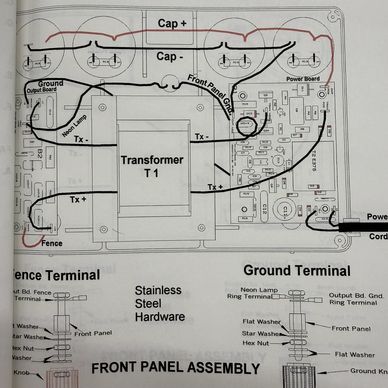 Annotated transformer circuit board with wiring paths and hardware labels.