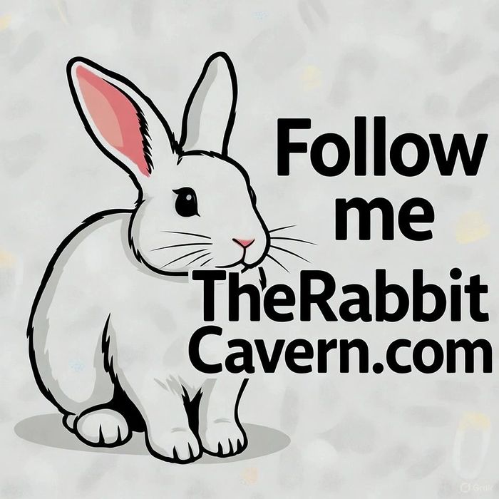 Illustration of a white rabbit with the text "Follow me TheRabbitCavern.com".