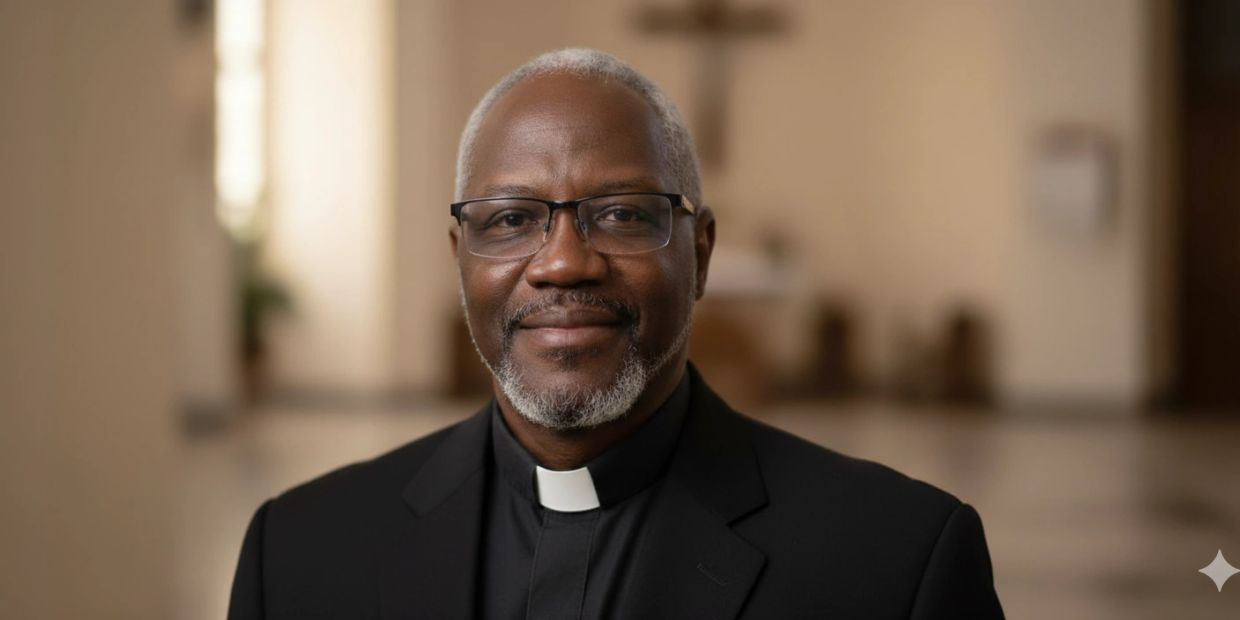 Smiling priest wearing glasses and clerical collar.