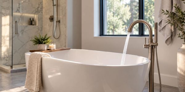Modern bathroom with a white freestanding bathtub.