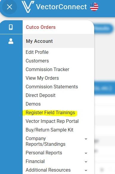 Screenshot of VectorConnect menu highlighting 'Register Field Trainings'.