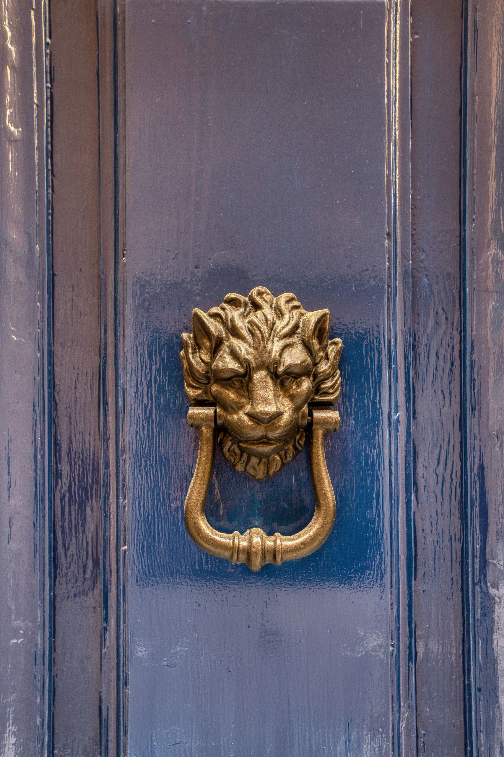 Antique brass lion head door knocker on a blue wooden door.
