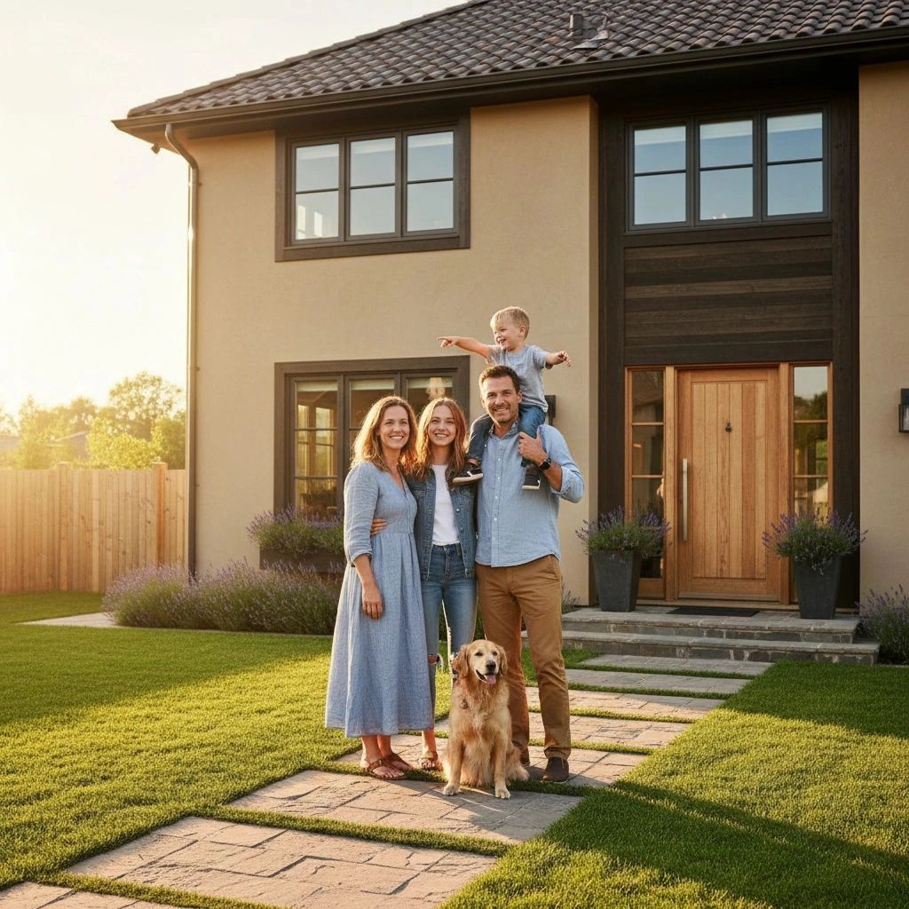 Happy family with dog posing outside their modern home at sunset.