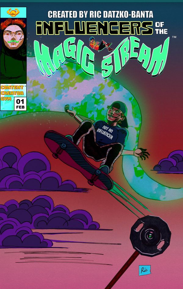 Comic-style cover showing a skateboarder flying with a camera and "Not an Influencer" shirt.