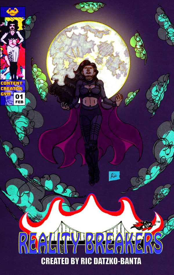 A powerful superheroine levitates before a glowing full moon with a purple cape flowing.