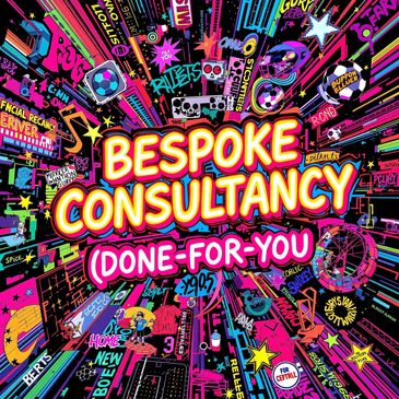 Vibrant neon graphic promoting bespoke consultancy services with dynamic text and colorful elements.
