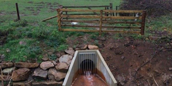 Drainage outlet with muddy water flowing through a metal grate in a rural area.