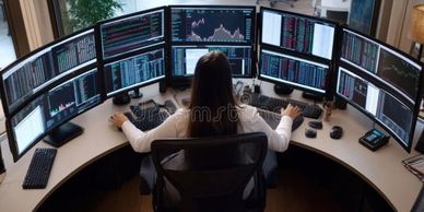Person working with 10 computer screens