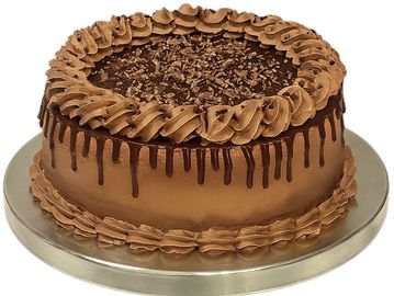 Chocolate cake with decorative frosting and chocolate shavings on a silver stand.