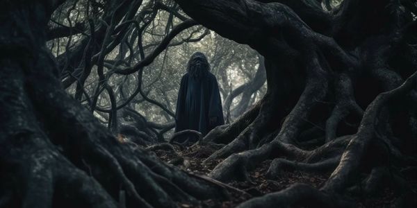 A mysterious figure stands in a dark, twisted forest filled with gnarled roots and branches.
