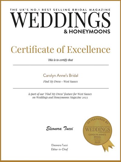 Carolyn Anne's Bridal Certificate of excellance