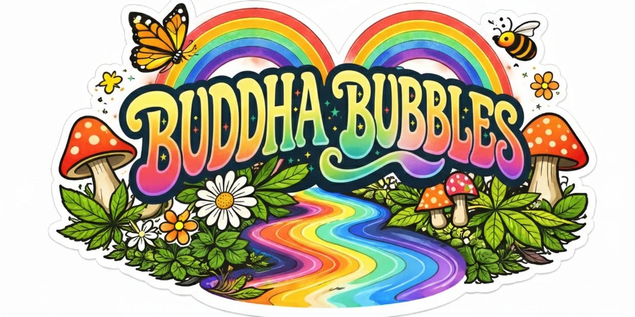 Colorful psychedelic logo with rainbows, mushrooms, flowers, and insects.