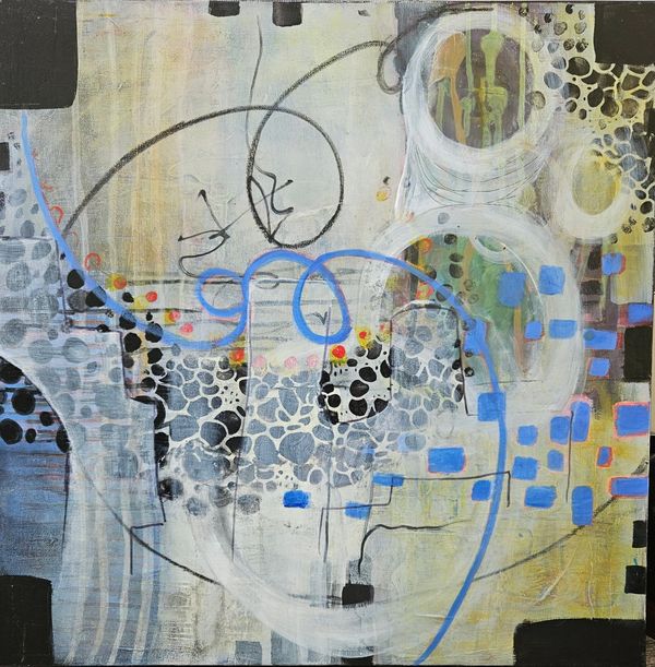 Abstract painting with blue loops, black dots, and textured patterns.