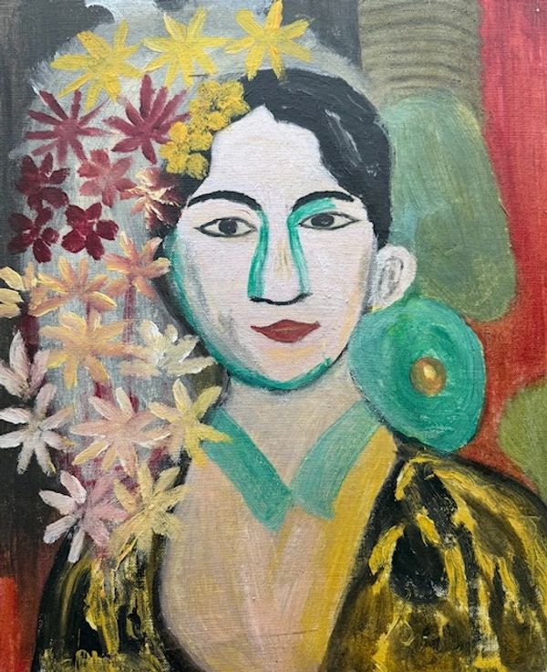 Abstract portrait of a person with colorful flowers and bold facial features.
