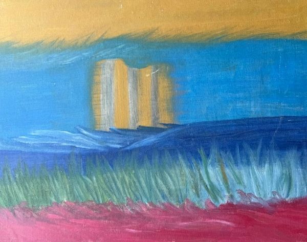 Abstract landscape painting with blue sky, green grass, and red foreground.