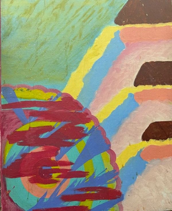 Abstract painting with colorful concentric circles and layered shapes.