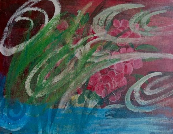 Abstract painting with swirls, green strokes, pink flowers, and blue water-like base.