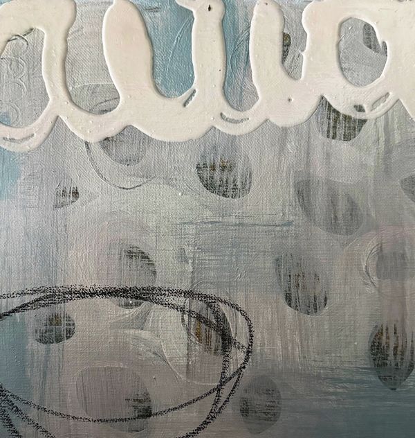 Abstract textured painting with white, gray, and black swirls and dots.