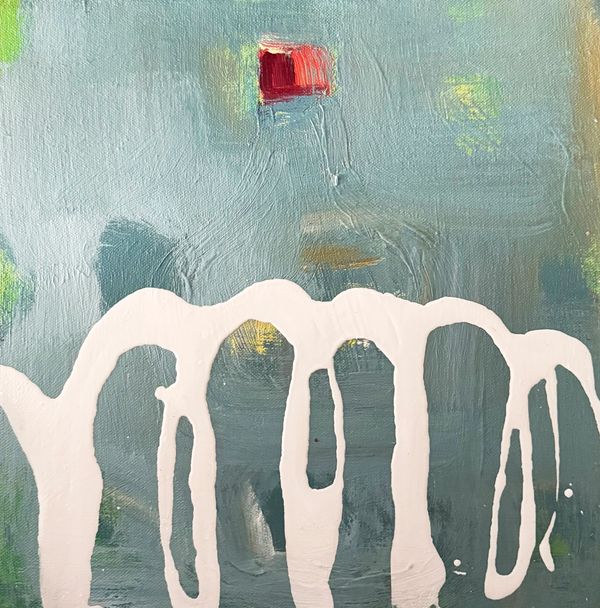 Abstract painting with white loops on blue and green background.
