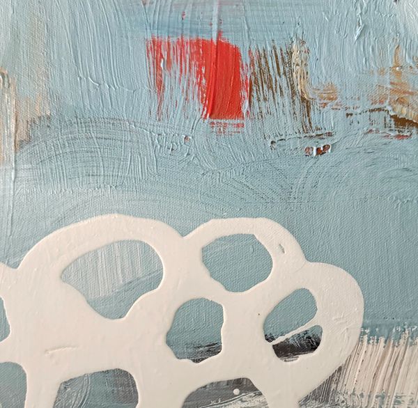 Abstract painting with textured brushstrokes and circular white patterns on blue.