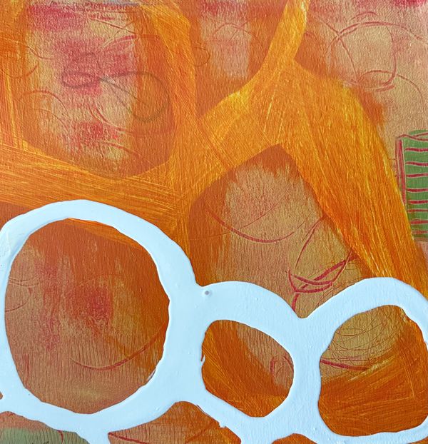 Colorful abstract painting with orange, red, and white swirls and shapes.